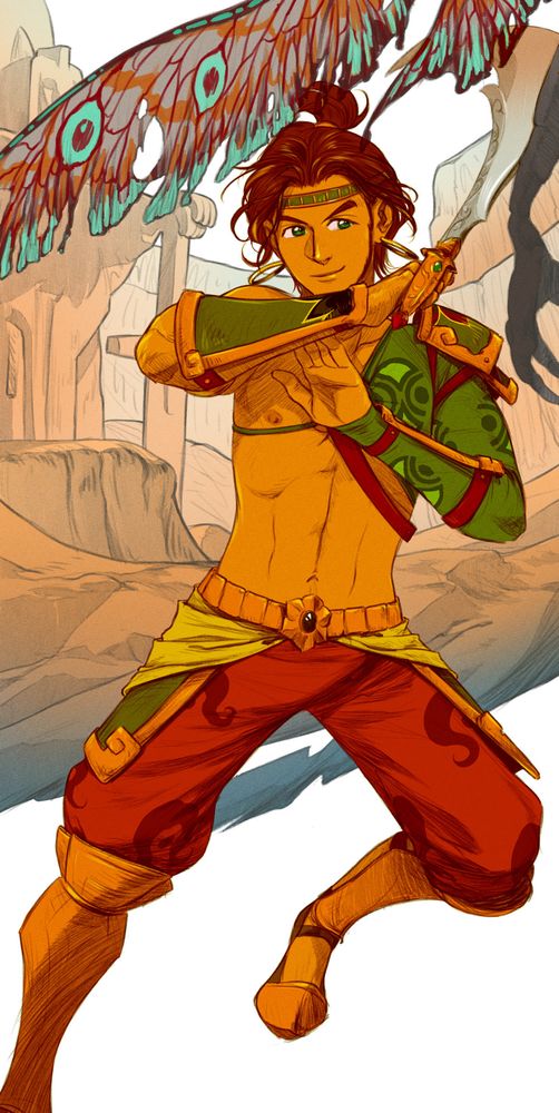Claude von Riegan in the male gerudo attire from Zelda - Breath of the Wild, wielding a Scimitar of the Seven
