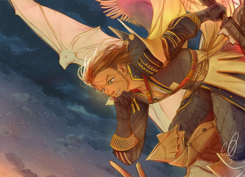 Claude von Riegan looking confident in his Barbarossa attire, riding his wyvern against a starry sky late at night
