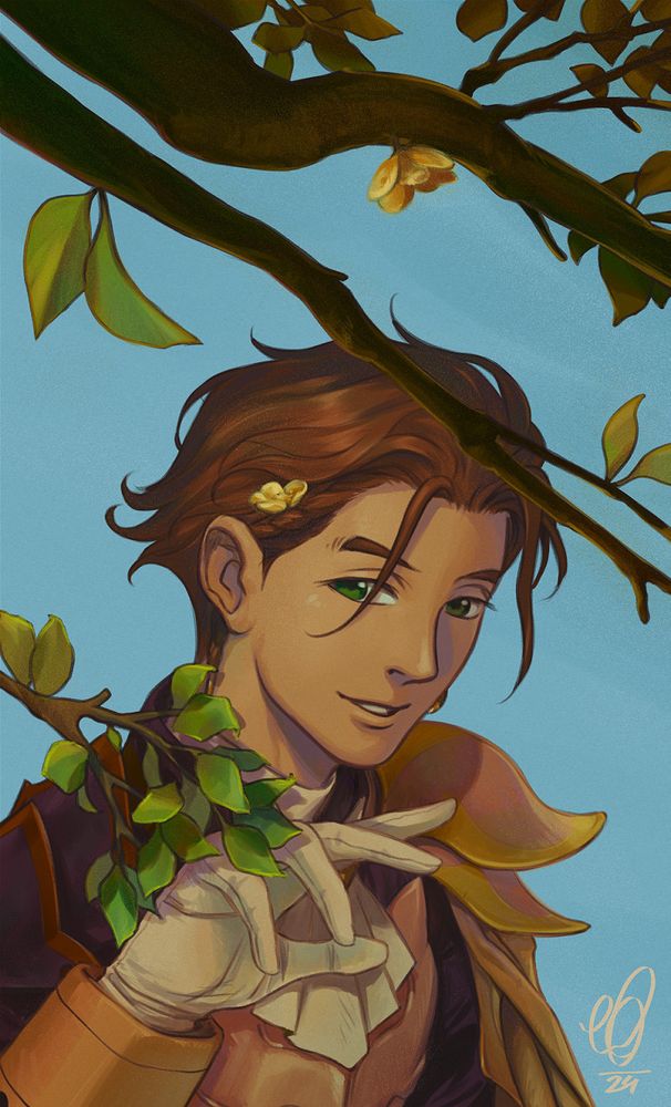 Claude from FE3H (Three Hopes version) smiling as he moves a tree branch out of the way