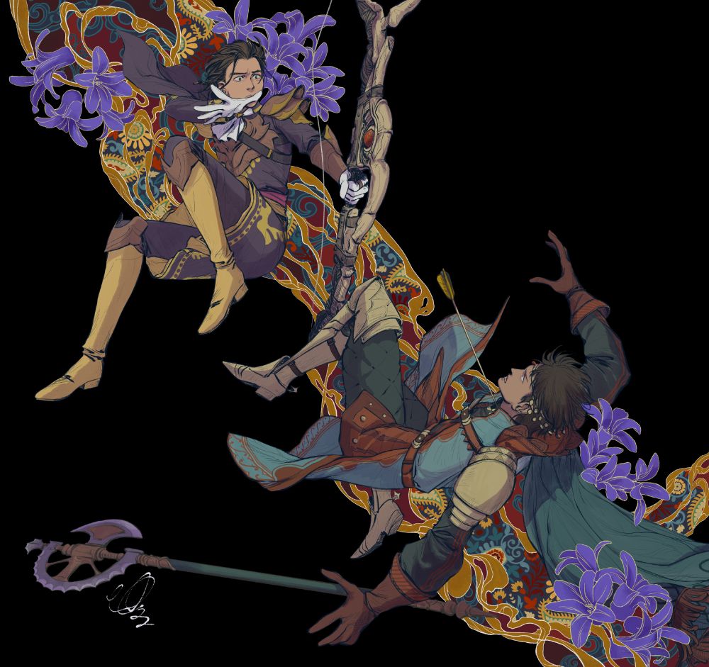 Claude von Riegan, Three Hopes version, killing Shahid with an arrow against a black background with flowers and paisley ornamentation