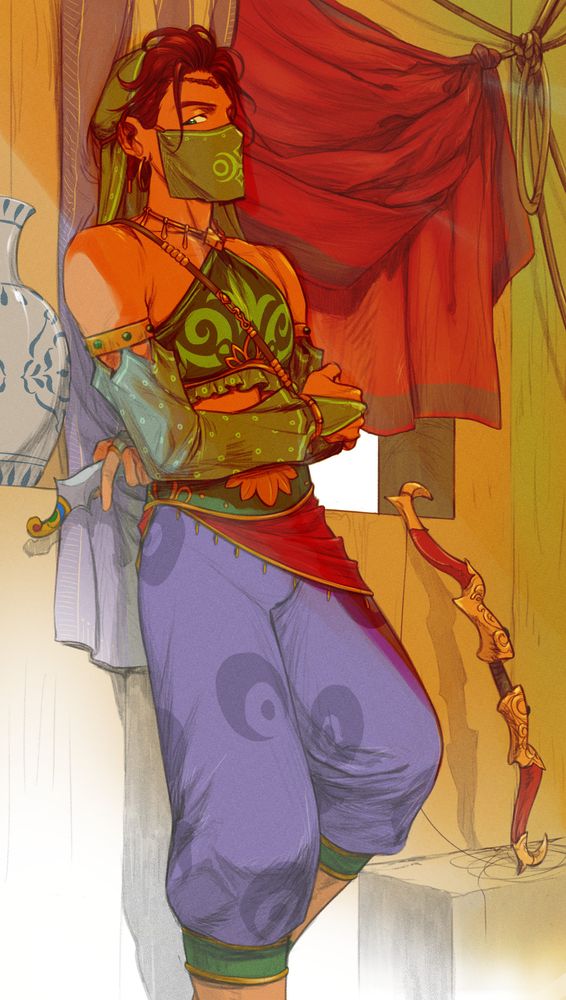 Claude von Riegan in the female gerudo attire from Zelda - Breath of the Wild, standing against a window