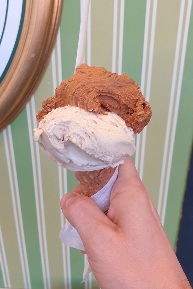 Holding a salted caramel and chestnut pie gelato