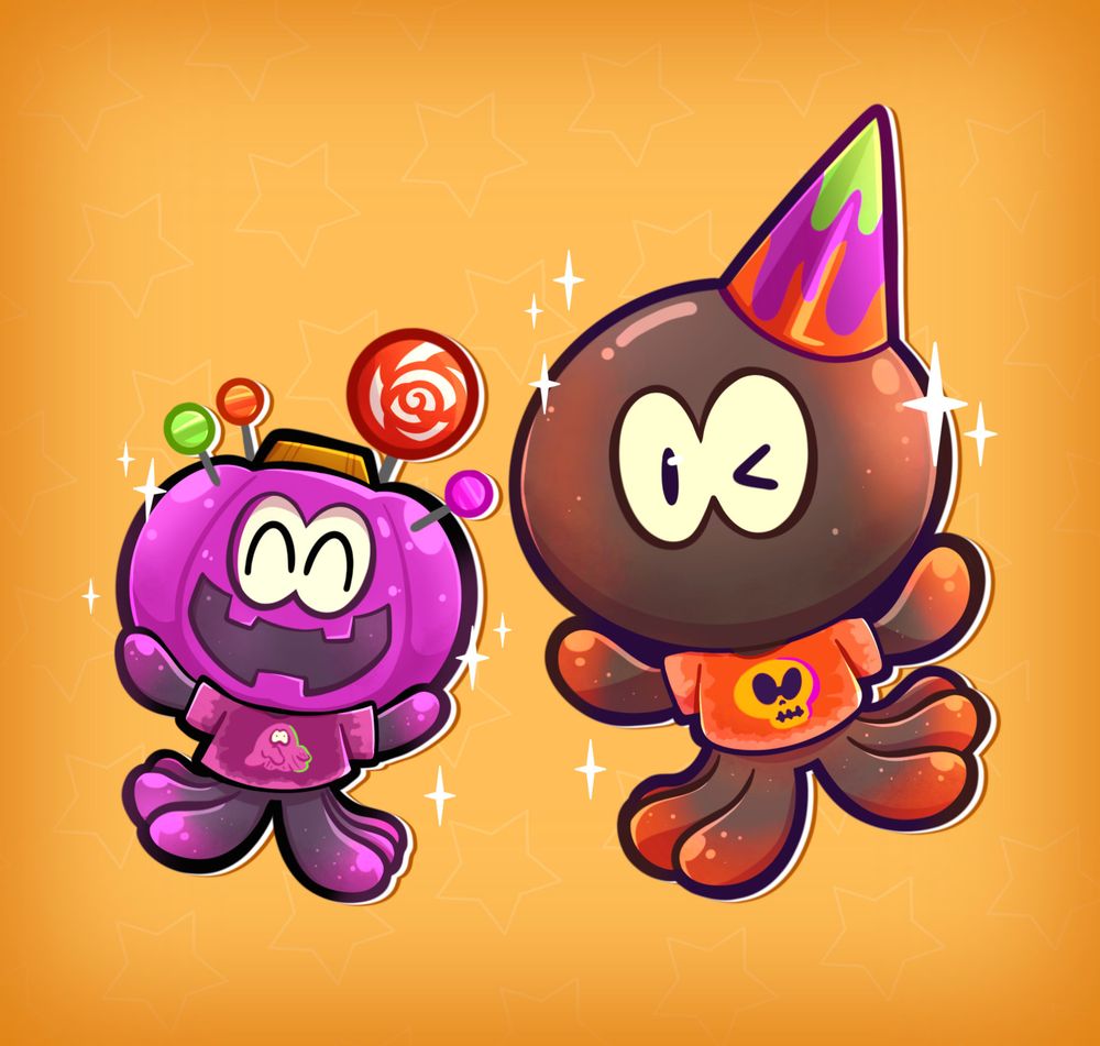 Art of the Jellyfish characters from Splatoon wearing Halloween outfits. The smaller purple one has a purple pumpkin on his head with 4 lollipops sticking out of it, 3 small and one big twirly pop. They are wearing a purple tie dye shirt with the splatfest ghost icon on it. The bigger orange one has a hat with dripping splatfest colors on it, orange, purple, and green. They are wearing an orange tie dye shirt with the splatfest skull icon on it. They are both happily wiggling around together.