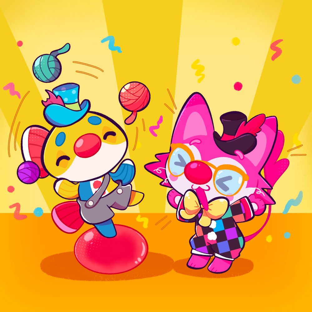 Art of two Super Animal Royale animals; a Clown Fish (who is an actual fish that's a clown) balancing on a red ball while juggling yarn balls, and my pink skullcat Squeakers, who is cheering them on. 