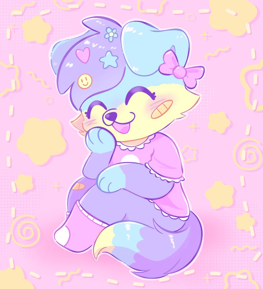 A soft, pastel digital drawing of an anthropomorphic puppy character. He is sitting, knees halfway to his chest, resting one paw on his left knee. The other arm is resting elbow on the other knee with his paw on his cheek. He has his eyes closed and mouth partial open in a cute, happy expression, smiling and blushing. The puppy has purple fur on his arms and legs, the arms ending in pastel blue paws. He is wearing pink socks, a shirt, and a bow. The shirt and socks also have white accents. His face is marked pastel blue on the upper half, including ears, and the lower half is a pastel yellow. The top of the head has fluffy, pastel purple hair adorned with several accessories: a blue star, a blue flower, a pink heart, and a yellow smiley face. There is a light orange bandage on his left cheek and right knee. The back ground is a pastel, minimalist backdrop of texture pink with stitching of light yellow around the border. There are light yellow stars, swirls, sparkles and squiggles all around the puppy.