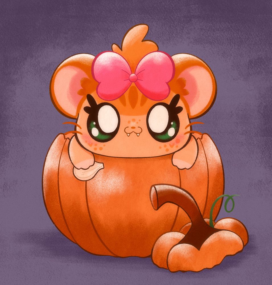 Art of an orange hamster hanging out of the top of a pumpkin, holding a pumpkin seed in her hand. She has a big, pink bow in her hair, and cute little fangs and freckles. 