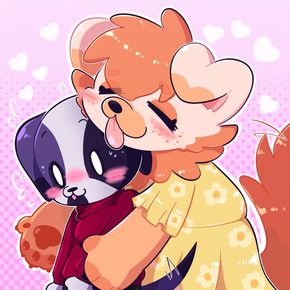 Art of two furry dog characters hugging. One is a Great Pyrenees, she is white with orange hair, chest floof, tail, and paws, and is very fluffy. She is wearing a cute floral, yellow dress and is hugging the other character while resting her head on top of her head. Her expression is very relaxed, and her tongue is sticking out. The other dog is an Italian Greyhound, with a purple color scheme, and is wearing a red turtleneck sweater. She has a very flustered expression, but her tail is wagging. 