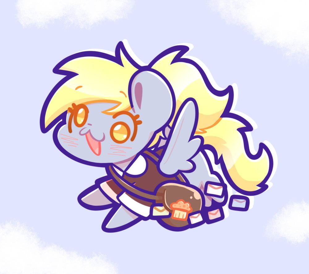 Art of a chibi Derpy Hooves in her mailmare outfit with her hair up in a ponytail. She is flying in the sky with her mail bag around her and it's spilling all the envelopes out.