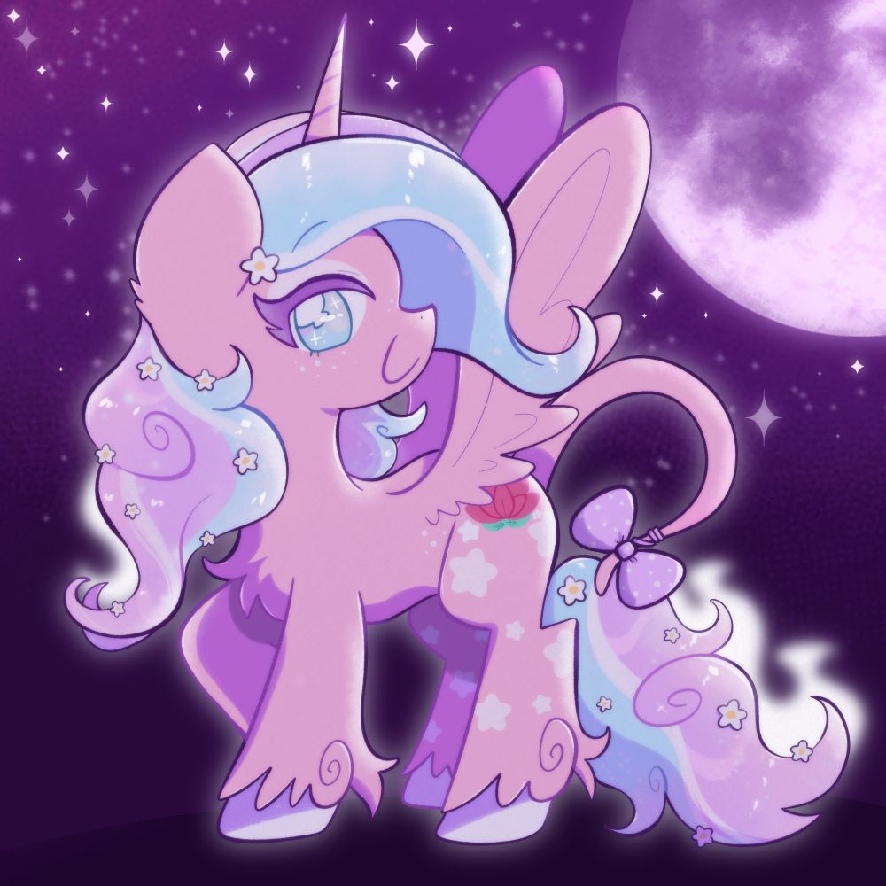 Art of an alicorn OC, she's light pink with curly pink and blue mane. She has little white flowers scattered in her mane and tail, and ribbon at the base of her tail. She is looking at the viewer with a sweet smile, and is against a night sky background, with a big moon and tons of stars. 