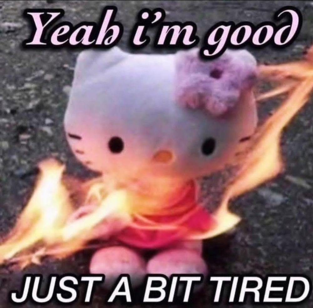 Meme found online of a hello kitty plushie on fire with text that reads "yeah i'm good, just a bit tired"