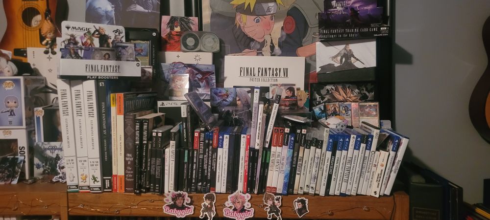 Image of user's Final fantasy collection including games, books, music cds, trading cards, stickers, art etc. Part of KH collection can be seen peeking thru from left side