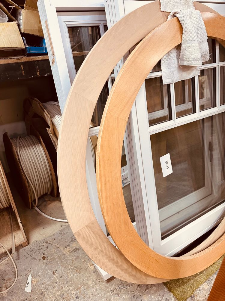 Edge grain Fir and Western Red Cedar circular window trims.