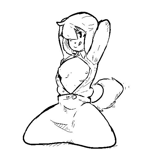 black and white NSFW illustration of a girl on her knees posing with her breasts out. She has a curly dog tail