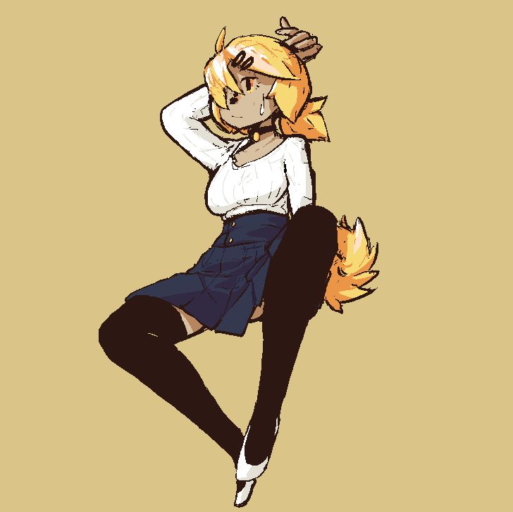 Illustration of an original character Mizo, a blonde girl with floppy dog ears along the side of her head like sidebangs, and a small ponytail tied back. She's wearing a tight-fitting blouse and pleated skirt in a seated pose. A bead of sweat rolls down her cheek