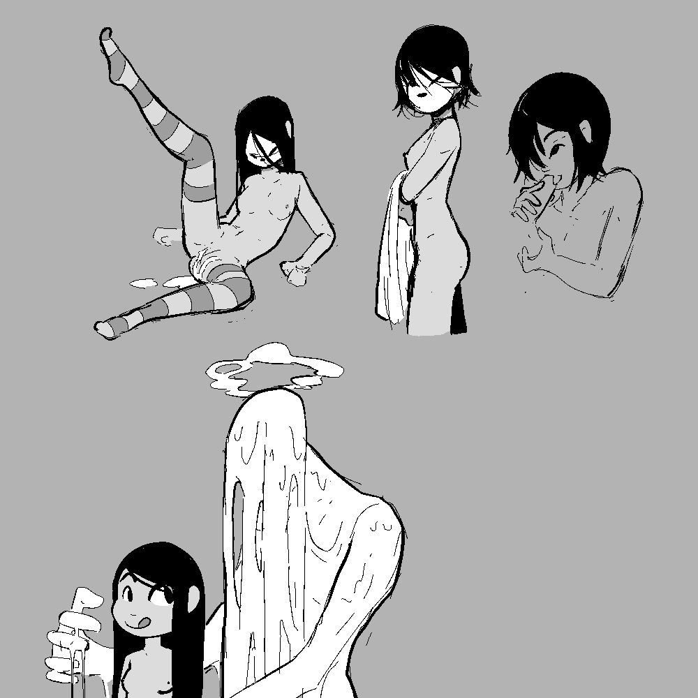 various NSFW illustrations of a girl with various lengths of black hair. In one her leg is lifted with suggested juices spilling out of her. She's wearing nothing but striped leggings and a mask. In another she's wearing only a mask as she holds a towel in her arms. In the third she's sucking on the tip of a dick. In the fourth she's with a tall dripping figure who's reaching an arm around her as she smiles at the viewer with a mischievous smile. 