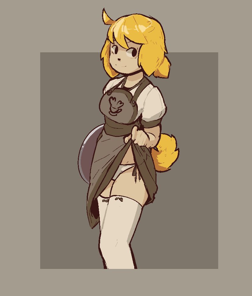 illustration of the character Mizo, a girl with blonde hair, dog ears, and a curly tail, lifting her skirt and apron to flash her panties while giving a cute smile