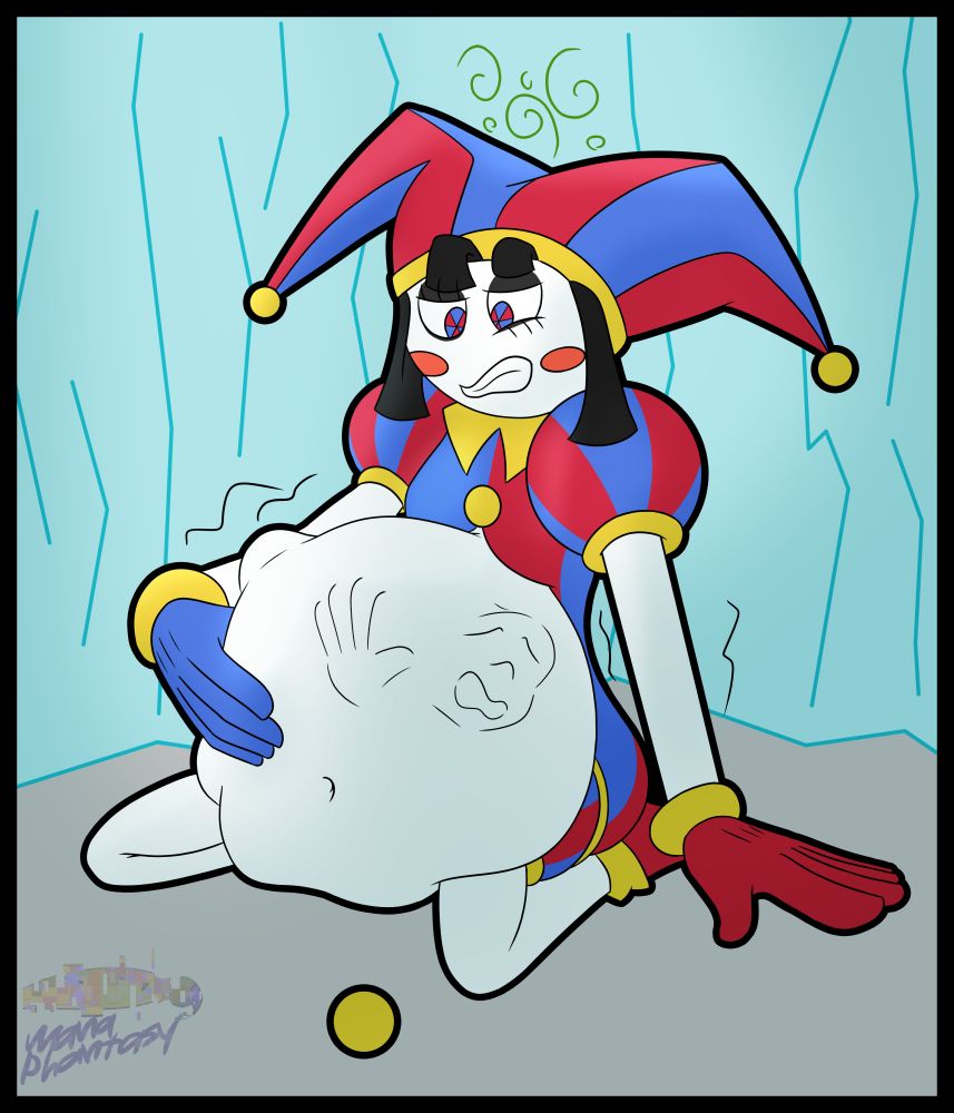 Pomni from the amazing digital circus, looking a bit disoriented/nauseous while rubbing a full stomach that clearly has an NPC trapped inside.