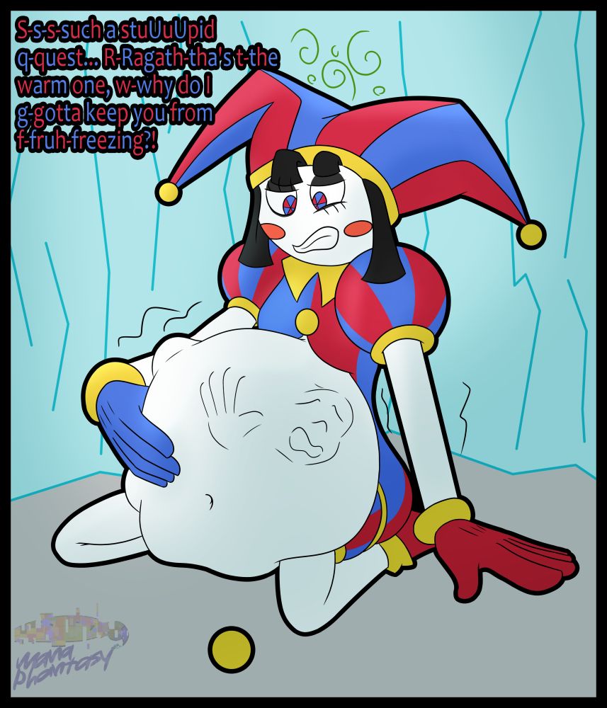 Pomni from the amazing digital circus, looking a bit disoriented/nauseous while rubbing a full stomach that clearly has an NPC trapped inside.

Text: S-S-S-Such a stuUuUpid q-quest... R-Ragath-tha's t-tha warm one, w-why do I g-gotta keep you from f-fruh-freezing?!