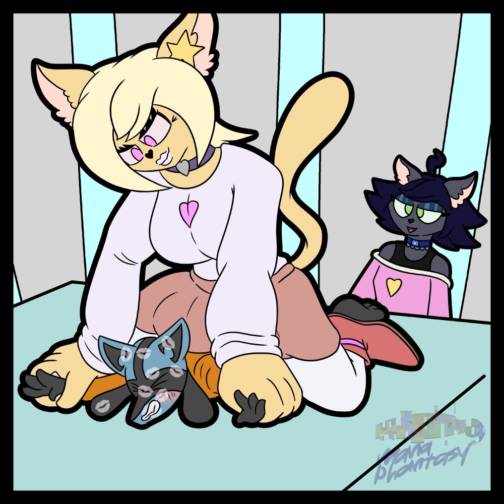 Sierra, a blond catgirl with yellow fur sitting on the back of a lucario wearing an orange gi, while Nova, a black furred catboy with blue hair watches from the background.

As part of her "lessons" for Luke, Sierra's been painting his face with smooches.