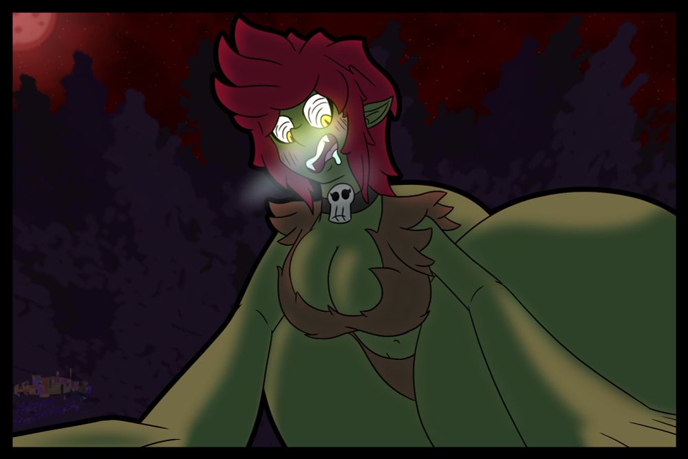 A goblin, locked at Level 5, and hungry for EXP points, being affected by a blood moon event. She is pinning down the POV, and despite her normally weak stats, has reached "Boss Tier" due to the buffs and her own lust for more power.
