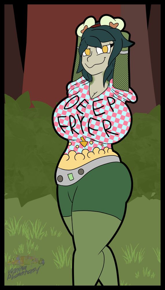 Debbie, a frog gal, wearing a checkarboard shirt with DEEP FRYER written over her boobs, with an arrow pointing to a deep fryer design, and fishnets down her biceps to represent the baskets used on deep fryers. She is staring at the POV and stretching.