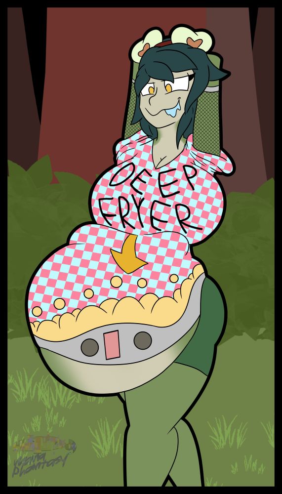 Debbie, a frog gal, wearing a checkarboard shirt with DEEP FRYER written over her boobs, with an arrow pointing to a deep fryer design, and fishnets down her biceps to represent the baskets used on deep fryers. She gazing hungrily down at her extended belly, enjoying having someone stuck inside of her """deep fryer"""