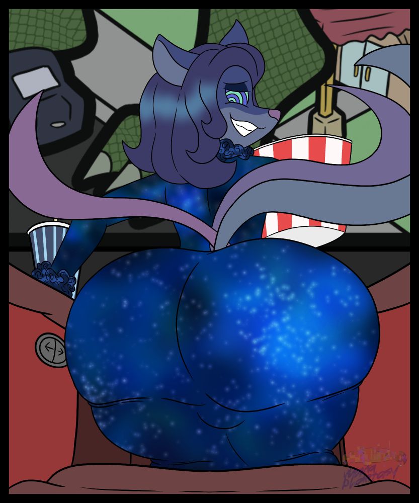 A blue furred fox femboy with a starry robe filling up almost the entire seat at a movie theater with his ass. POV is meant to be someone stuck with their head in the seat, or shrunken down on the seat, about to be sat on~