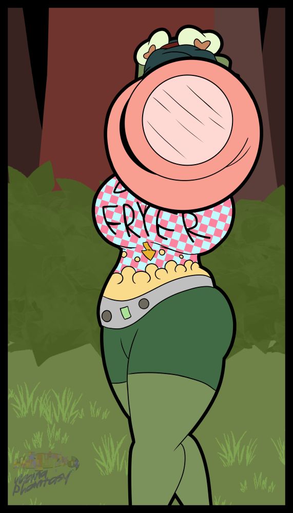 Debbie, a frog gal, wearing a checkarboard shirt with DEEP FRYER written over her boobs, with an arrow pointing to a deep fryer design, and fishnets down her biceps to represent the baskets used on deep fryers. She is grabbing the POV with her tongue, getting ready to gulp them (or you~) down~