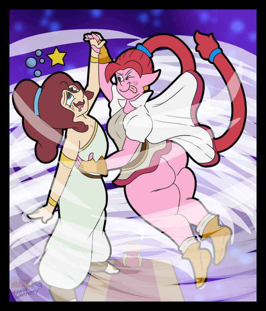 sharbnotic.bsky.social's Jude, turned into a human and dressed up like Marle from Chrono Trigger, made to dance the wind waltz with Flea, the mage, with hypnotized eyes, and markers indicating they are poisoned and confused. 