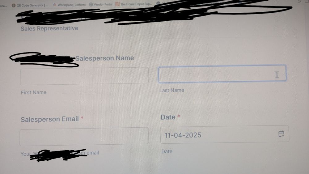 A screenshot of an online form. It asks for the salesperson's name and company email. 