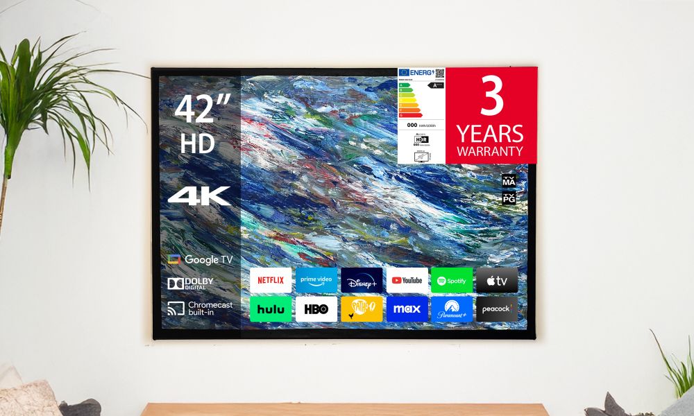 A photo of an abstract painting that’s made to look like an abstract painting on a flatscreen tv, hanging in a living room, showing commercial information as is displayed as tv for sale. 