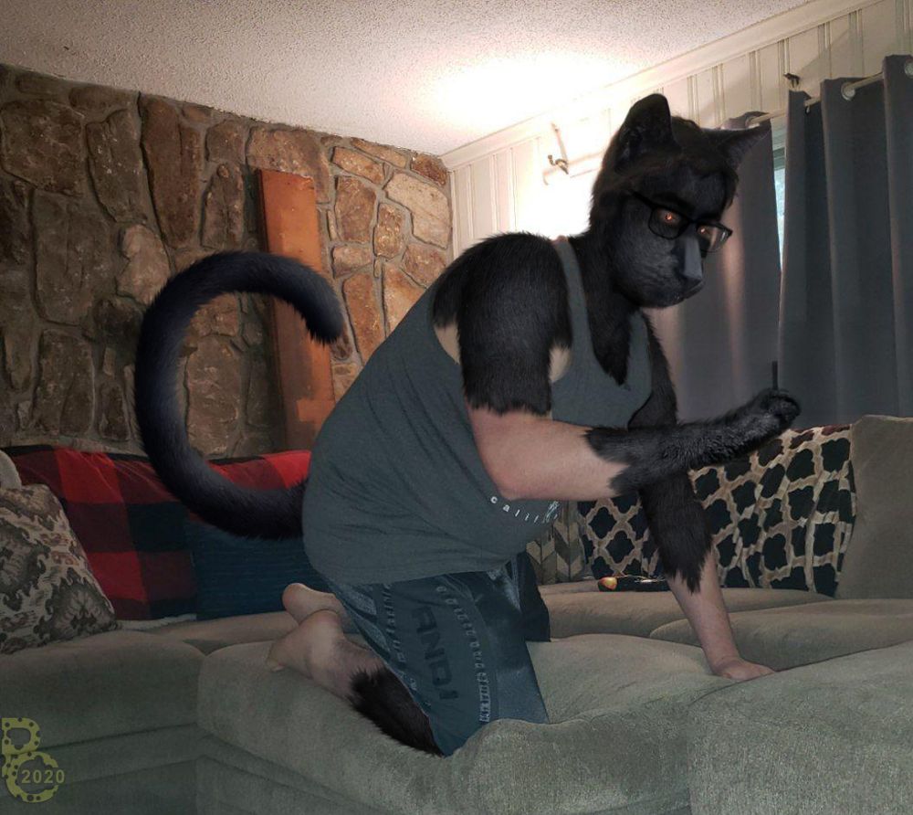 A photomanipulation of a man in a tank top and short, on his hands and knees on a sectional couch as he transforms into a black cat with glowing orange eyes