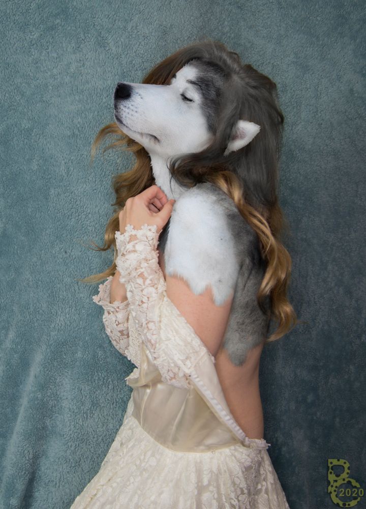 A photomanipulation of a woman in a cream-colored dress with her back uncovered, her eyes closed in contentment as she transforms into an anthro husky