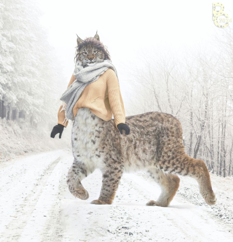 A photomanipulation of a female lynx taur wearing a sweater and scarf, standing in the middle of a snowy tree-lined road