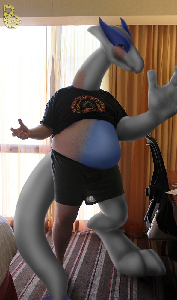 A photomanipulation of a man in a hotel room, side-eyeing the camera as he transforms into a Lugia
