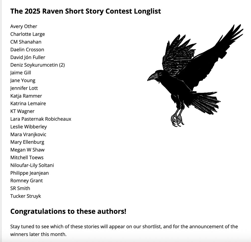 The screenshot of a list of 23 names titled The 2025 Raven Short Story Contest Longlist. Below the list, in bold black letters the sentence: Congratulations to these authors! On the right side of the list a pencil drawing of a raven in flight. 