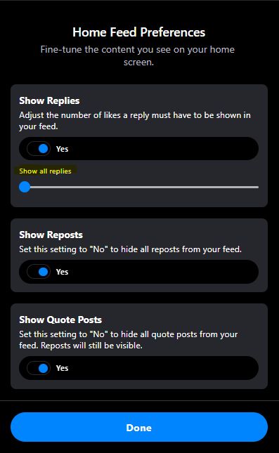 Screenshot of Bluesky Home Feed Preferences, with opens for Show Replies, Show Reposts, and Show Quote Posts. An option to limit replies based on the number of likes is highlighted to draw attention to it. It includes a slider bar to set the number of likes needed.