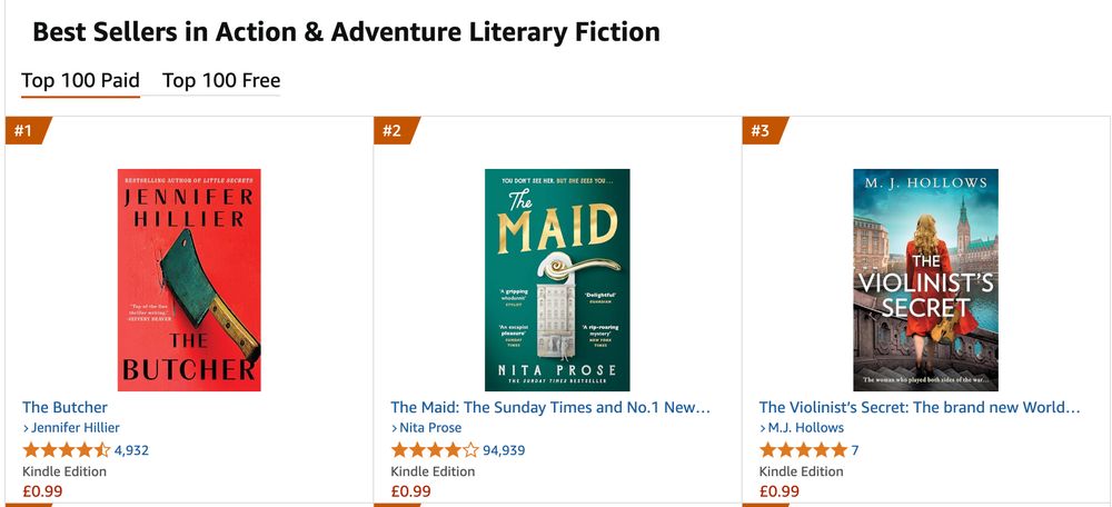 The top 3 on Amazon for Action and Adventure Literary Fiction.