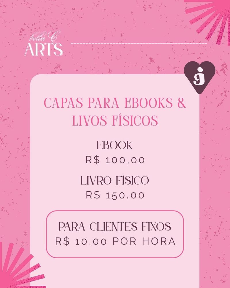 Capas para e-books e livros físicos: E-BOOK por R$ 100,00. Livro Físico por R$ 150,00. Para CLIENTE FIXOS o preço fica R$ 10,00 POR HORA!