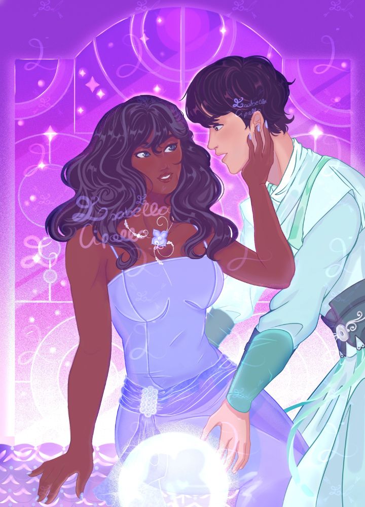 Ilustração com dois personagens. A mulher, ao lado esquerdo, tem pele marrom, olhos e cabelos pretos. Ela usa um vestido lilás com um cinto roxo e um colar de prata com uma joia lilás em formato de flor. Ela está sentada em um divã recamier capitonê enquanto segura o rosto de um rapaz asiático (lado direito), de cabelos curto e preto, com olhos da cor castanho-escuro, ele veste um hanfu tradicional em vários tons da cor ciano.Ao fundo há um grande janela roxa e decorada, enquanto na frente, há uma bola de vidro solitária que demonstra uma imagem.