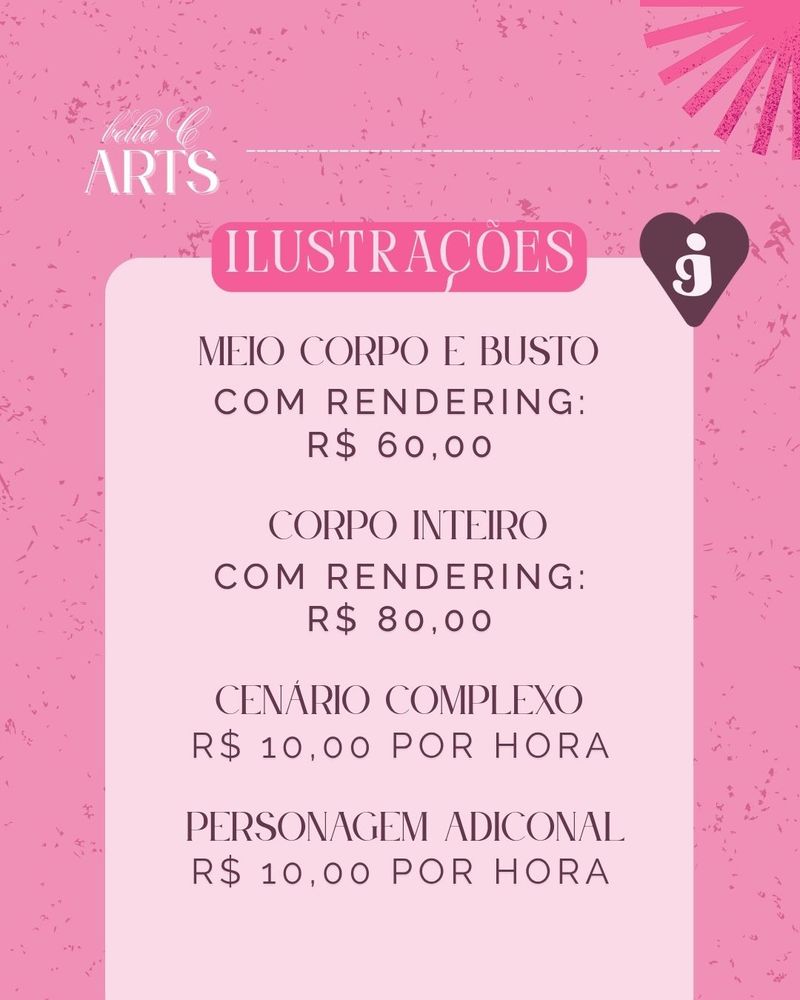 Ilustrações: MEIO CORPO E BUSTO com rendering por R$ 60,00. CORPO INTEIRO com rendering por R$ 80,00. CENÁRIO COMPLEXO custa R$ 10,00 por hora. PERSONAGEM ADICIONAL custa R$ 10,00 por hora.
