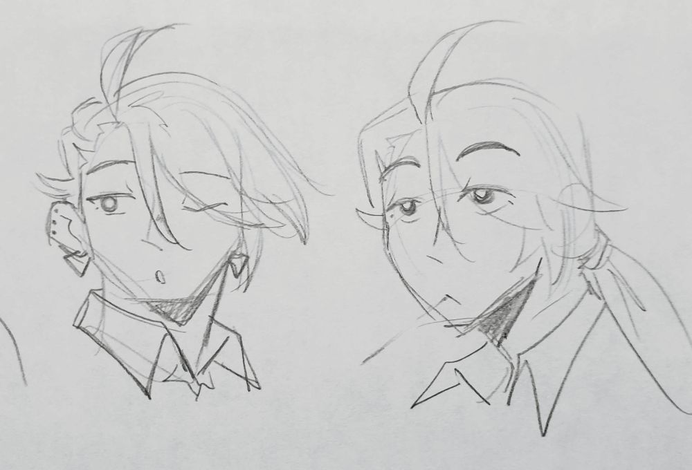Pencil sketches of Rika. Left: she glances to the side with one eye open, intrigued. Right: she looks upwards with a bored expression and a thin sliver of an object between her lips.