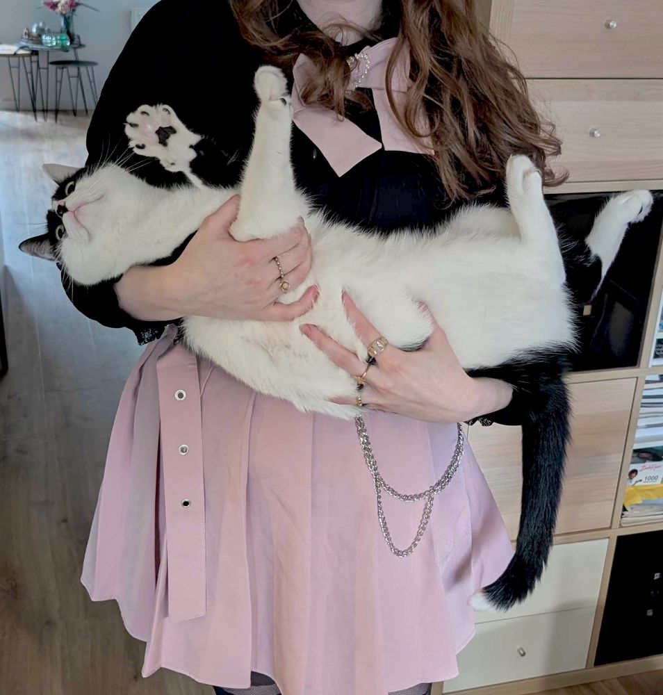 Me holding a black and white cat like a baby 