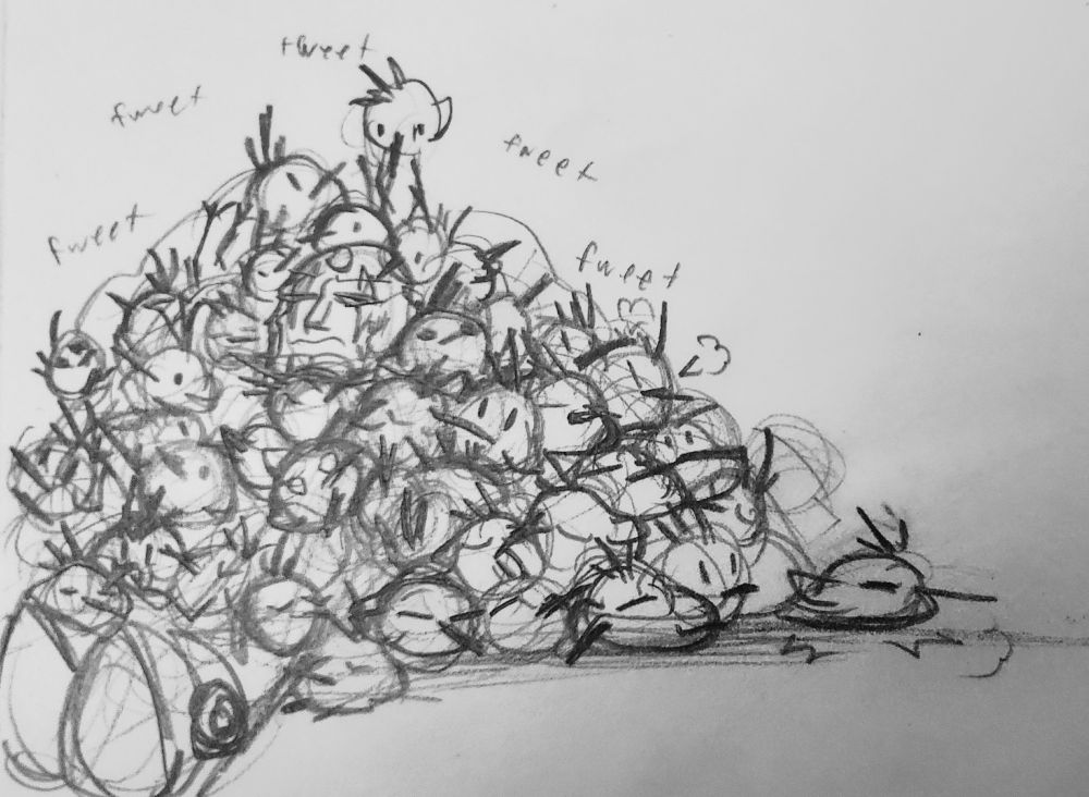 Sigma is now buried under the Downy Crakes with a few rolling off of the growing pile.
He reluctantly let the birds perch and
rest on him, much to his own dismay.