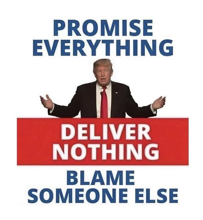 Image of Donald Trump on white background. Text reads promise everything, deliver nothing, blame someone else. 