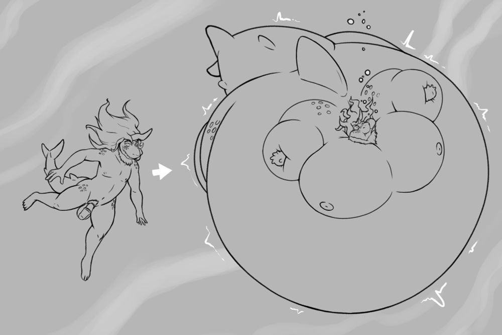 Demi-kirin transformed into a shark hybrid and spontaneously inflated.