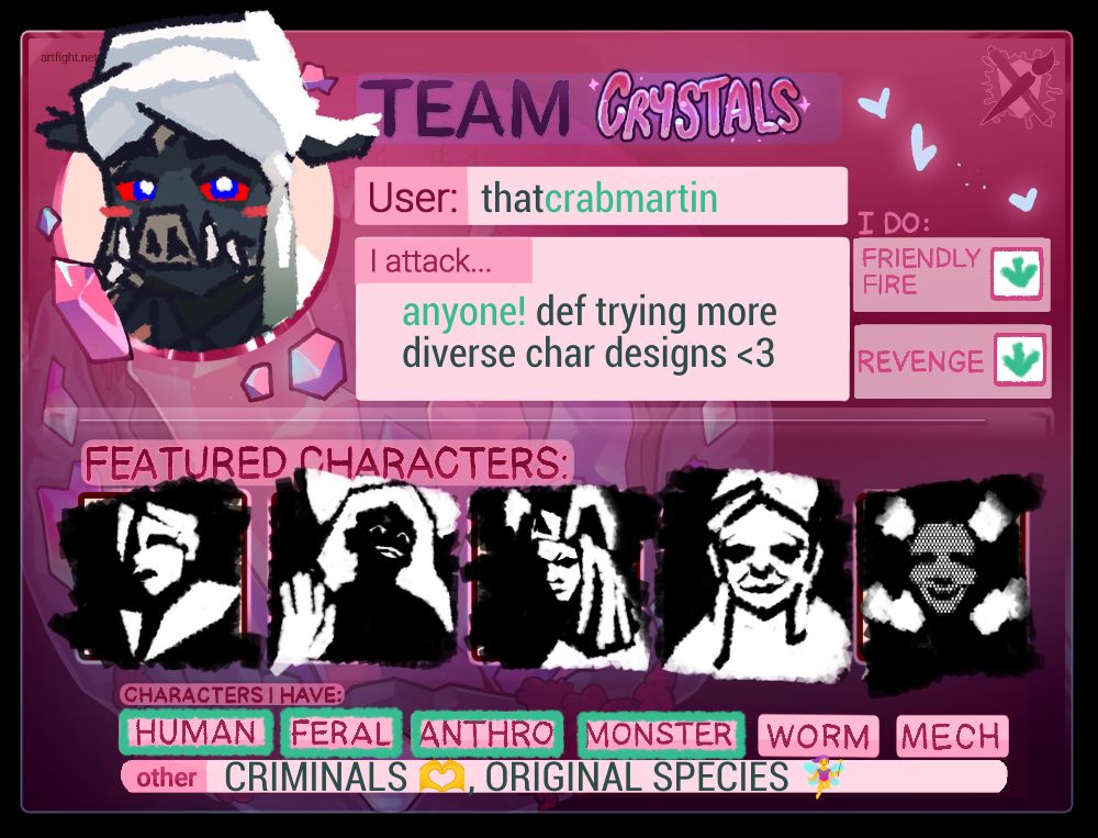 ARTFIGHT CARD 2025! I'll be going for Team Crystals with my featured OCs that I hope you have fun drawing with.