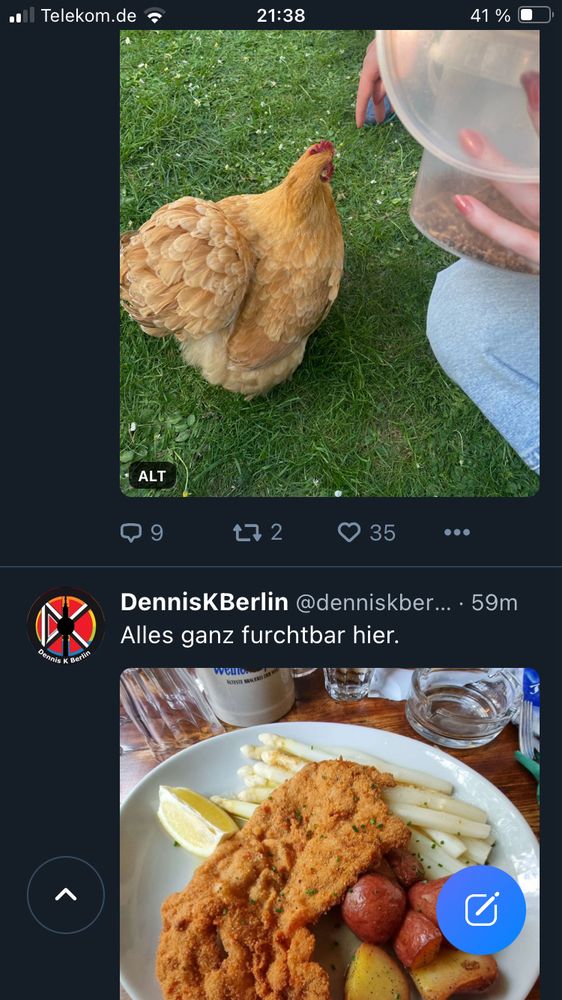 Blueskytreffer: ein Huhn wird auf einer Wiese von Hand gefüttert; darunter ein Teller mit Schnitzel und Spargel