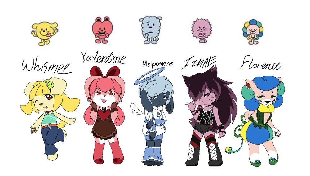 From left to right:
Sunshine Whismee (Happycollie), Rosia Valentine (Lovebunny), Oizys Melpomene (Gloomysheep), Izmae Ereth (Angryyosh), Florence la Dente (Prettyflower)