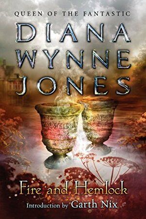 Cover of Fire and Hemlock by Diana Wynne Jones - blurry illustration of two urns superimposed with images of hemlock umbrellas and a house in the distance